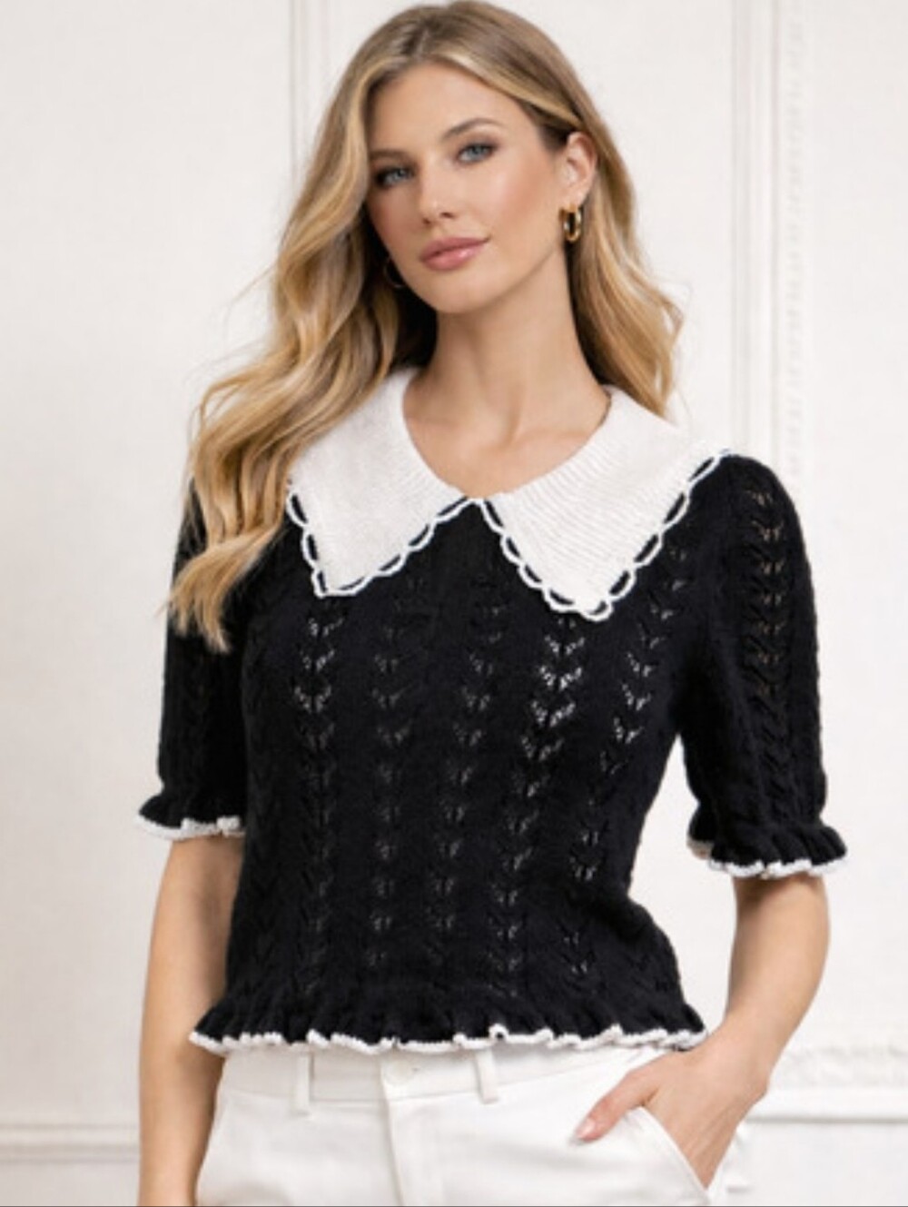 H&M Cottagecore Crochet Knit Black and White Top Small